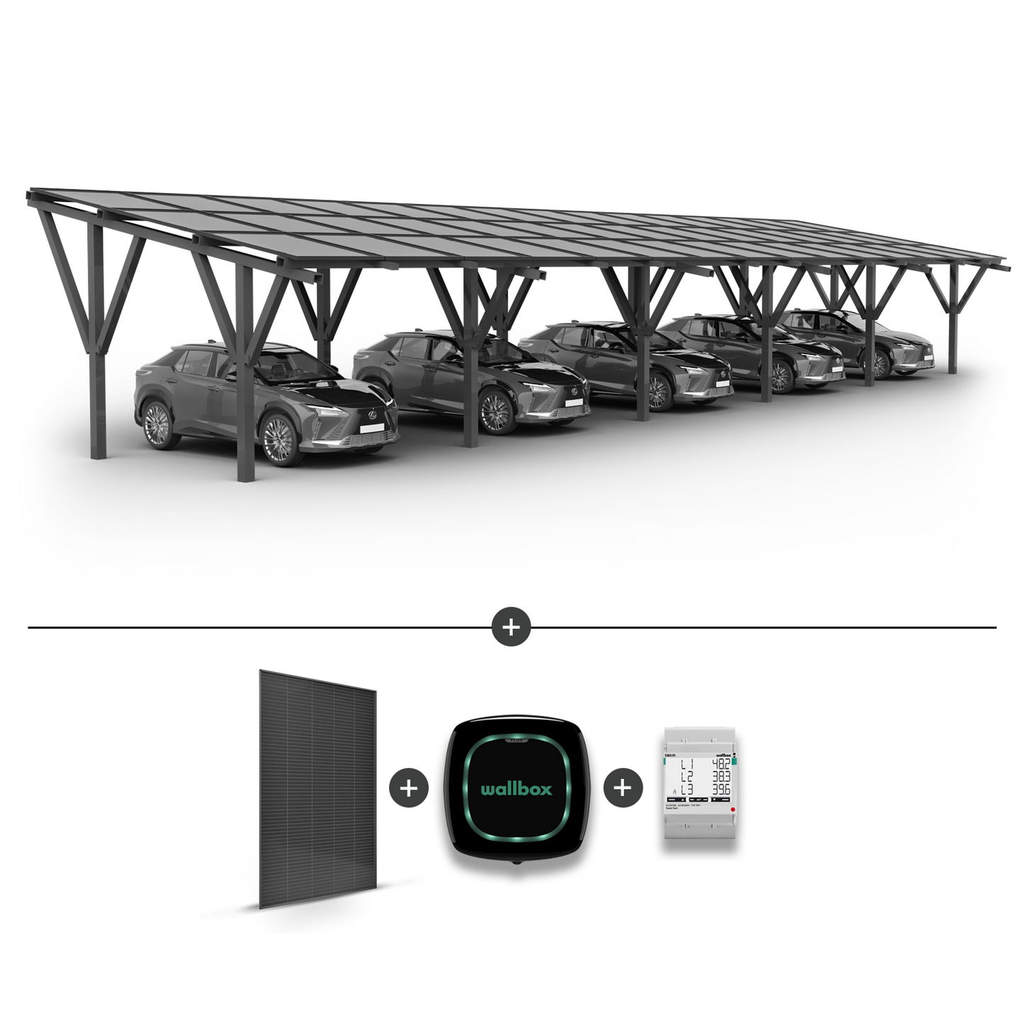 Solar carport for 5 cars + Solar panels + Wallbox EV charger Pulsar Plus 22kW black + EM340 power meter
