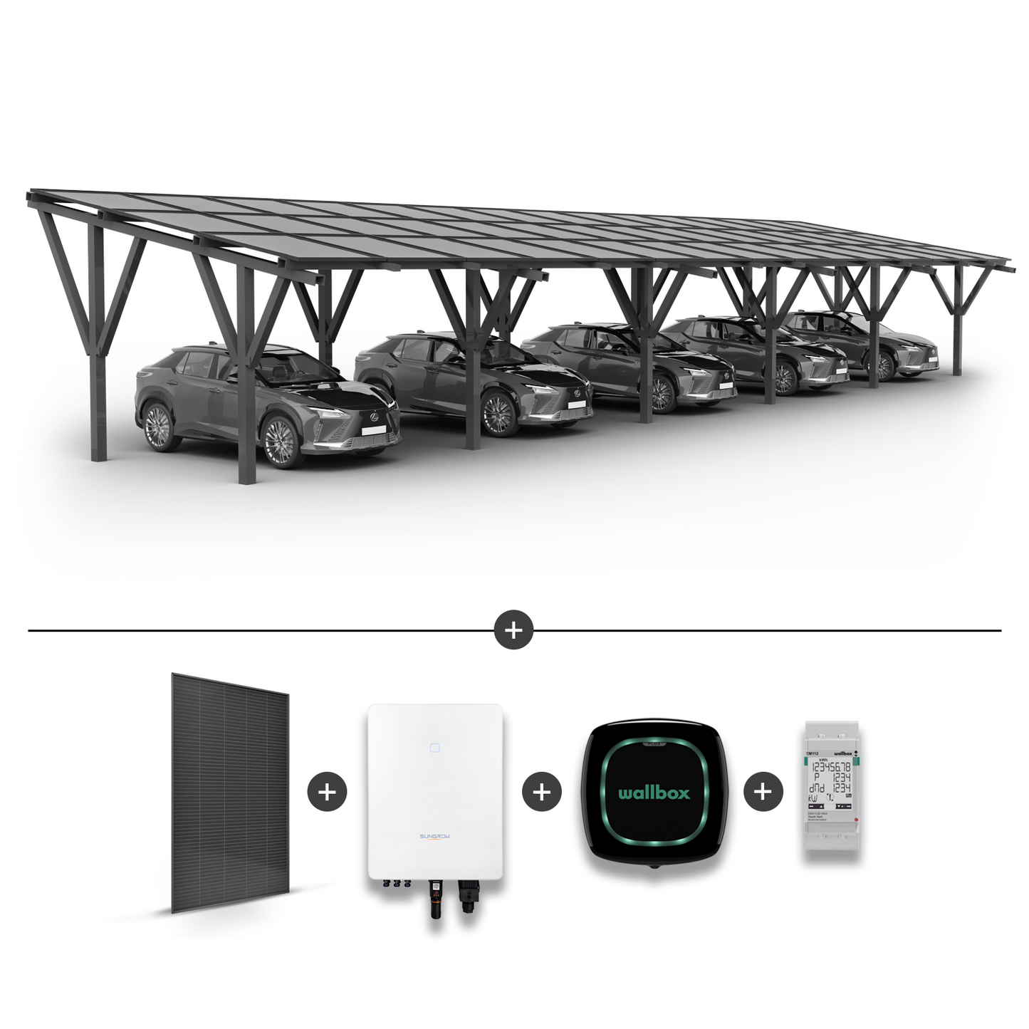 Stoginė 5 automobiliams + saulės moduliai + inverteris (Hybrid) SG15.0RT + Įkrovimo stotelė WALLBOX Pulsar Plus 7.4KW Juoda + EM112 galios matuoklis