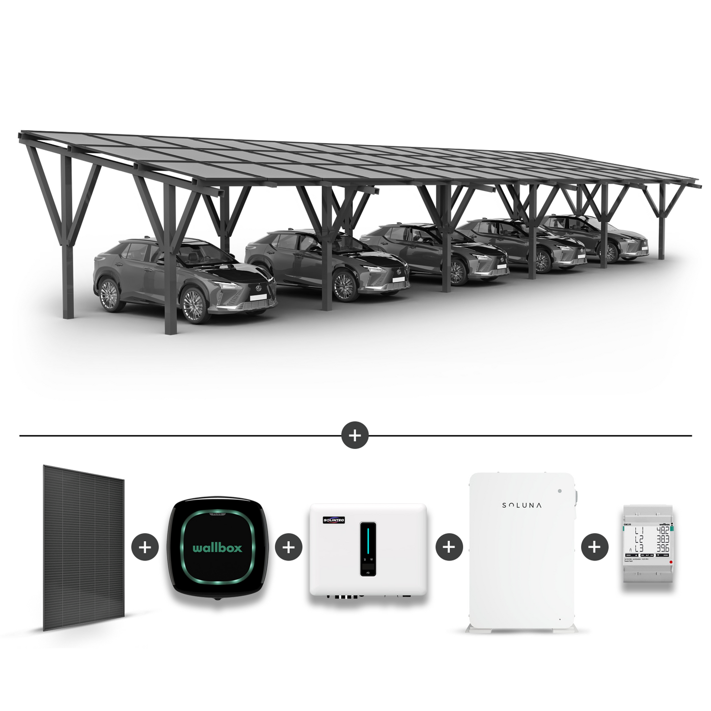 Solární přístřešek pro 5 aut + Solární panely + Hybridní invertor MHT-20K-40 + Baterie Soluna 10K + Wallbox Pulsar Plus 22kW + měřič výkonu EM340