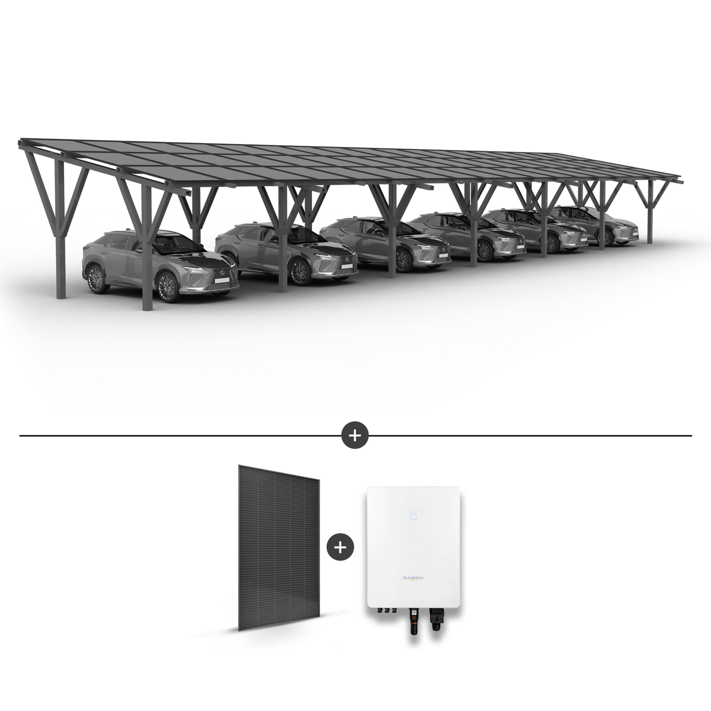 Solar carport for 6 cars (extension included) + Solar panels + Grid inverter SG15.0RT