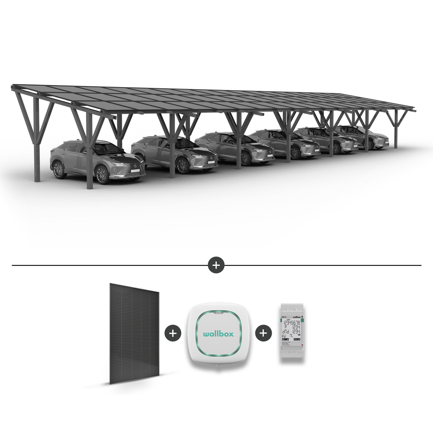 Stoginė 6 automobiliams + saulės moduliai + Įkrovimo stotelė WALLBOX Pulsar Plus 7.4KW Balta + EM112 galios matuoklis