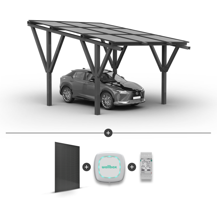 Stoginė 1 automobiliui + saulės moduliai + Įkrovimo stotelė WALLBOX Pulsar Plus 7.4KW Balta + EM112 galios matuoklis