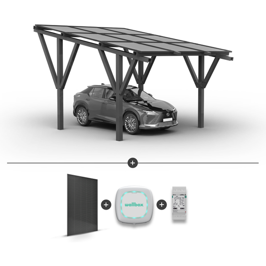 Solární přístřešek pro 1 auto + Solární panely + Wallbox EV nabíječka Pulsar Plus 7,4kW bílá + EM112 měřič výkonu