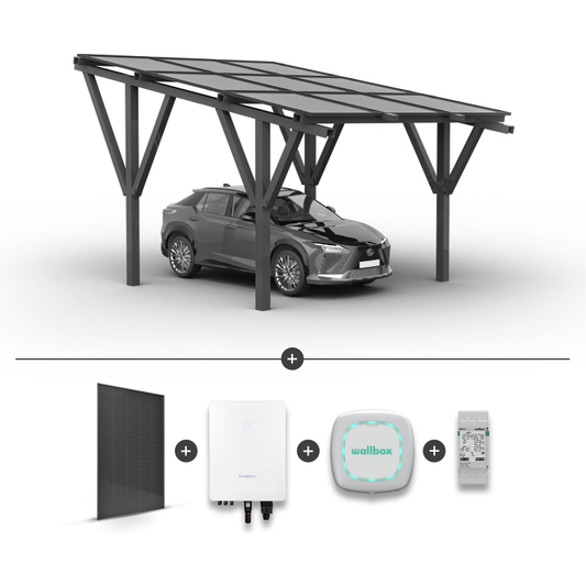 Solární přístřešek pro 1 auto + Solární panely + Síťový invertor SG5.0RT + Wallbox Pulsar Plus 7,4kW bílý + měřič výkonu EM112