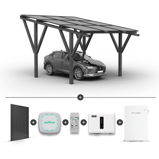 Solární přístřešek pro 1 auto + Solární panely + Hybridní invertor MHT-10K-25 + Baterie Soluna 10K + Wallbox Pulsar Plus 7,4kW bílá + EM112 měřič výkonu