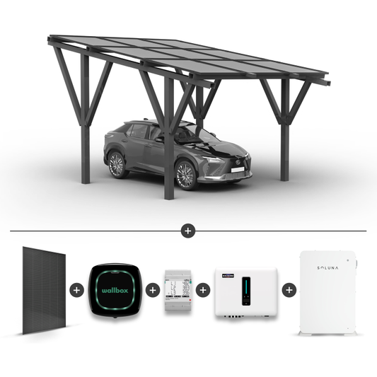 Solární přístřešek pro 1 auto + Solární panely + Hybridní invertor MHT-10K-25 + Baterie Soluna 10K + Wallbox Pulsar Plus 22kW + měřič výkonu EM340