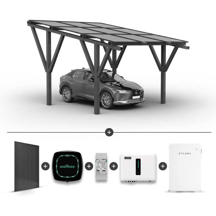 Solární přístřešek pro 1 auto + Solární panely + Hybridní invertor MHT-10K-25 + Baterie Soluna 10K + Wallbox Pulsar Plus 7,4kW černý + EM112 měřič výkonu