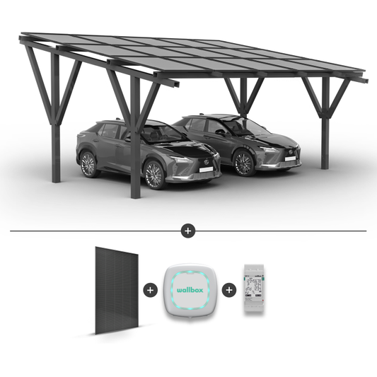 Stoginė 2 automobiliams + saulės moduliai + Įkrovimo stotelė WALLBOX Pulsar Plus 7.4KW Balta + EM112 galios matuoklis