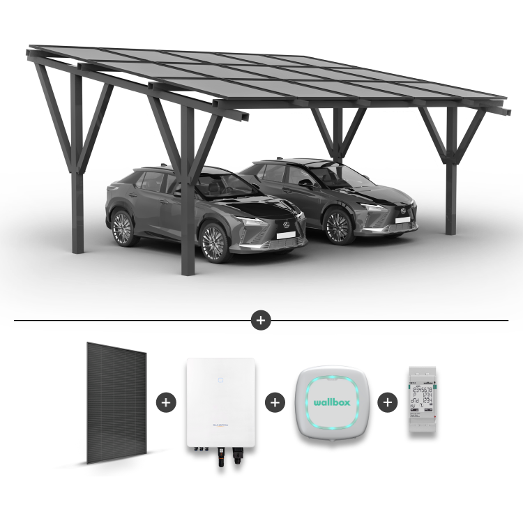 Solární přístřešek pro 2 auta + Solární panely + Síťový invertor SG5.0RT + Wallbox Pulsar Plus 7,4kW bílý + Měřič výkonu EM112