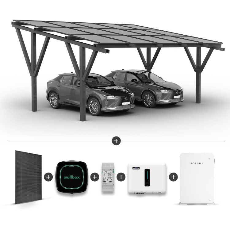 Stoginė 2 automobiliams + saulės moduliai + Inverteris (Hybrid) MHT-10K-25 + SOLUNA baterija 10KW + Įkrovimo stotelė WALLBOX Pulsar Plus 7.4KW Juoda + EM112 galios matuoklis