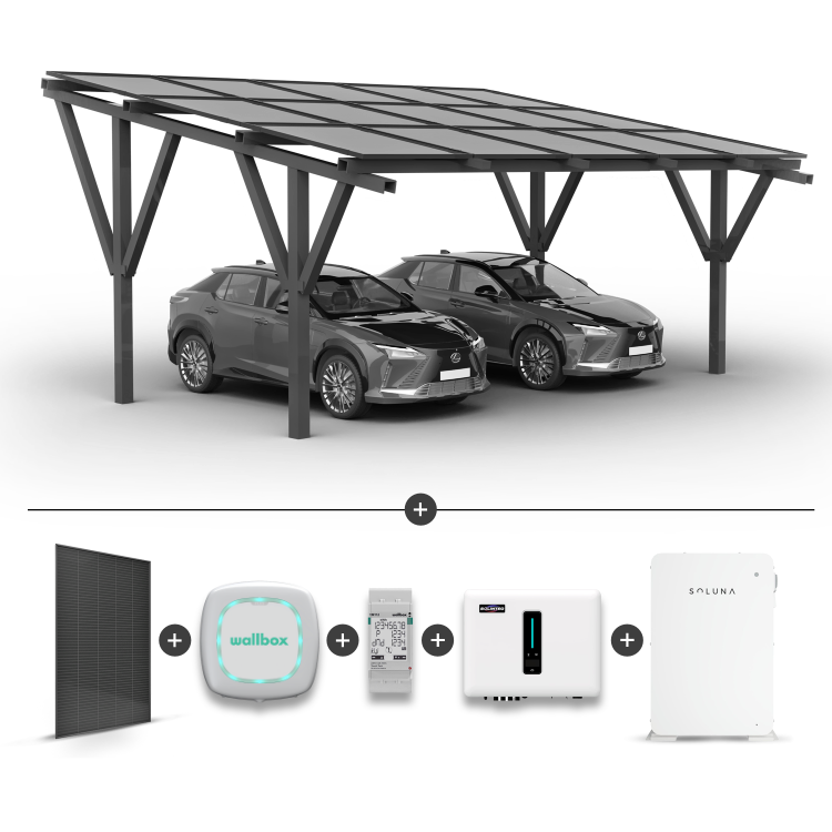 Solární přístřešek pro 2 auta + Solární panely + Hybridní invertor MHT-10K-25 + Baterie Soluna 10K + Wallbox Pulsar Plus 7,4kW bílá + EM112 měřič výkonu