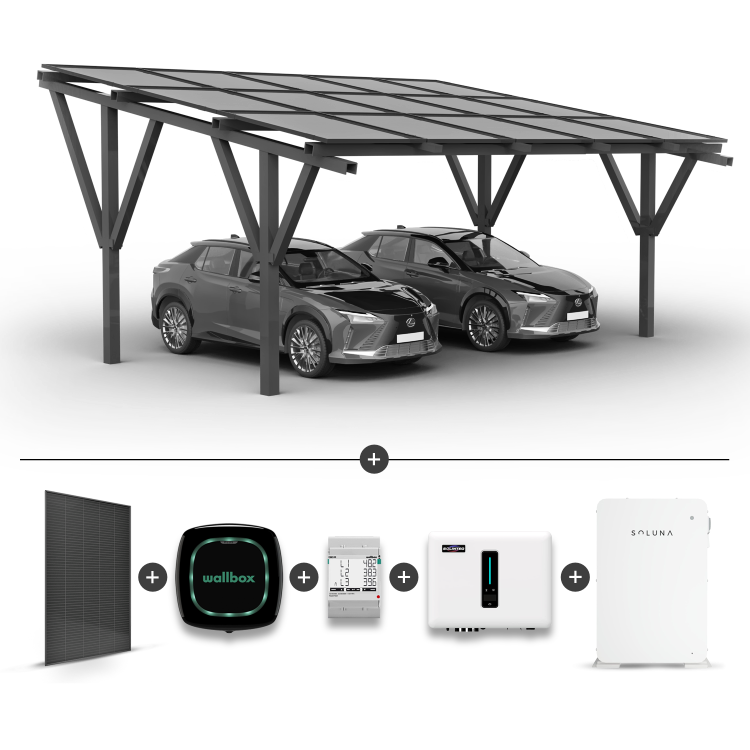 Соларен навес за 2 коли + Соларни панели + Хибриден инвертор MHT-10K-25 + Батерия Soluna 10K + Wallbox Pulsar Plus 22kW + Енергомер EM340
