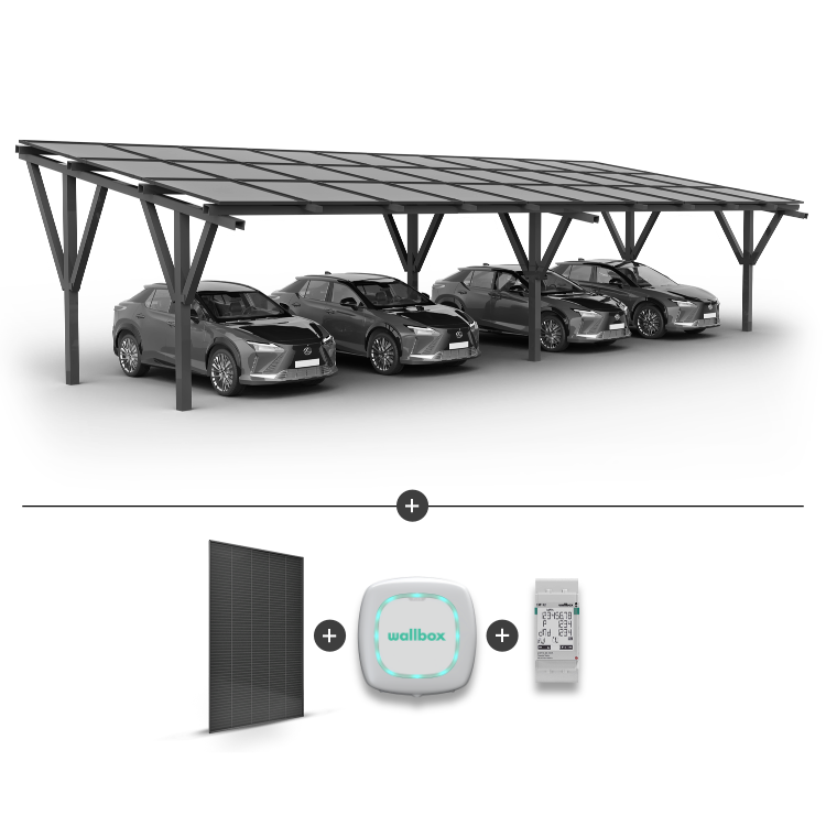 Stoginė 4 automobiliams + saulės moduliai + Įkrovimo stotelė WALLBOX Pulsar Plus 7.4KW Balta + EM112 galios matuoklis