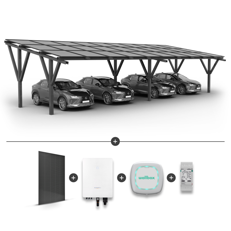 Solarcarport für 4 Autos + Solarmodule + Netzwechselrichter SG10.0RT + Wallbox Pulsar Plus 7,4 kW weiß + EM112 Stromzähler