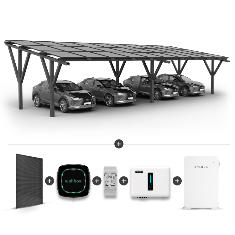 Stoginė 4 automobiliams + saulės moduliai + Inverteris (Hvbrid) MHT-10K-25 + SOLUNA baterija 10KW + Įkrovimo stotelė WALLBOX Pulsar Plus 7.4KW Juoda + EM112 galios matuoklis