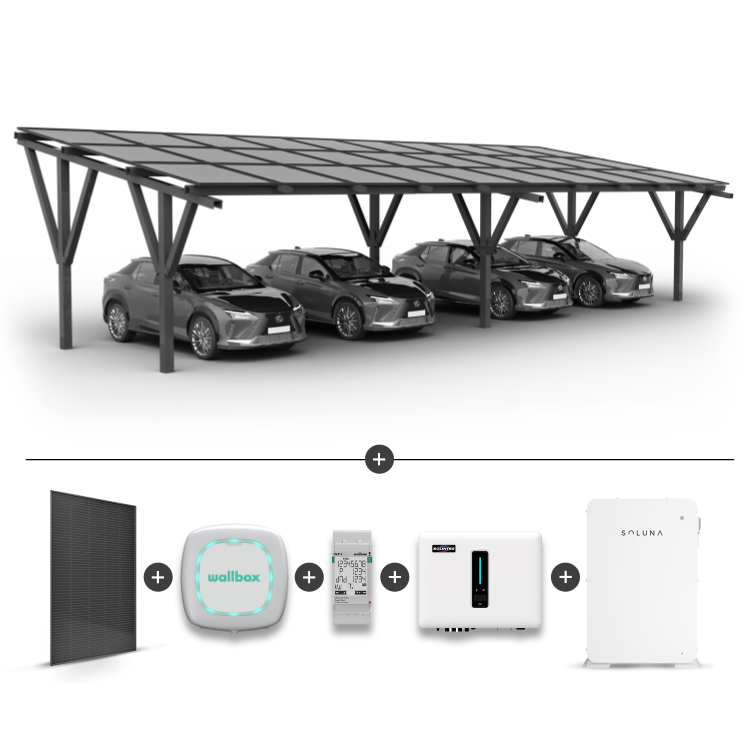 Solární přístřešek pro 4 auta + Solární panely + Hybridní invertor MHT-10K-25 + Baterie Soluna 10K + Wallbox Pulsar Plus 7,4kW bílá + EM112 měřič výkonu