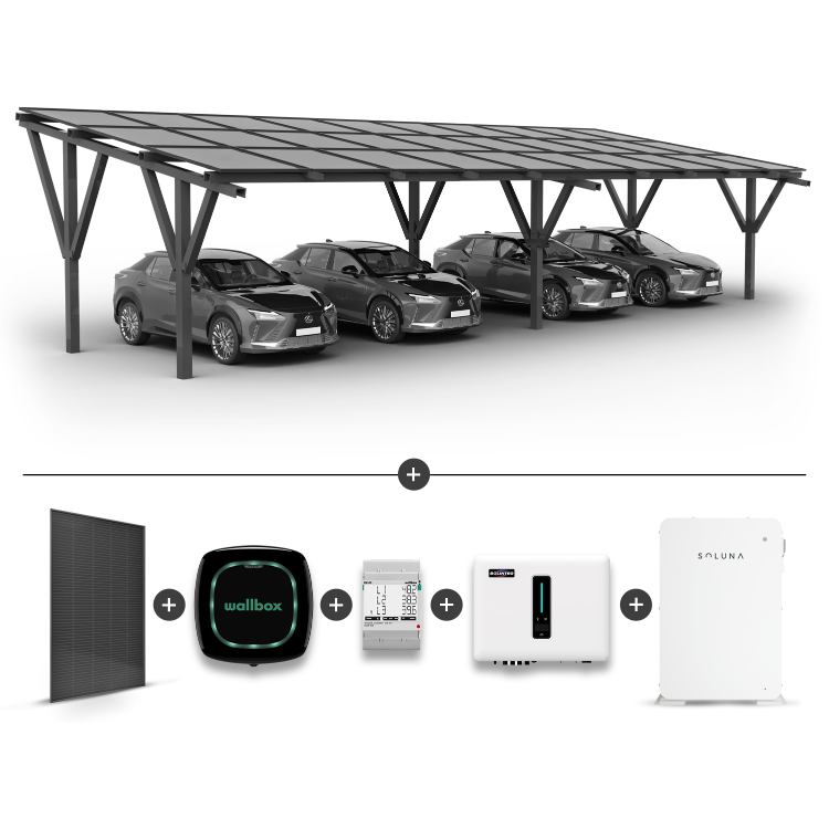 Solar-Carport für 4 Autos + Solarmodule + Hybrid-Wechselrichter MHT-10K-25 + Batterie Soluna 10K + Wallbox Pulsar Plus 22kW + Stromzähler EM340