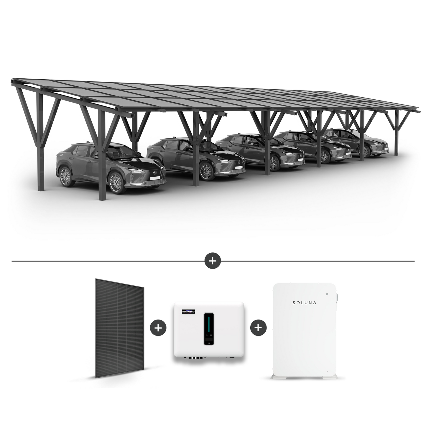 Solární přístřešek pro 5 aut + Solární panely + Hybridní invertor MHT-20K-40 + Baterie Soluna 10K