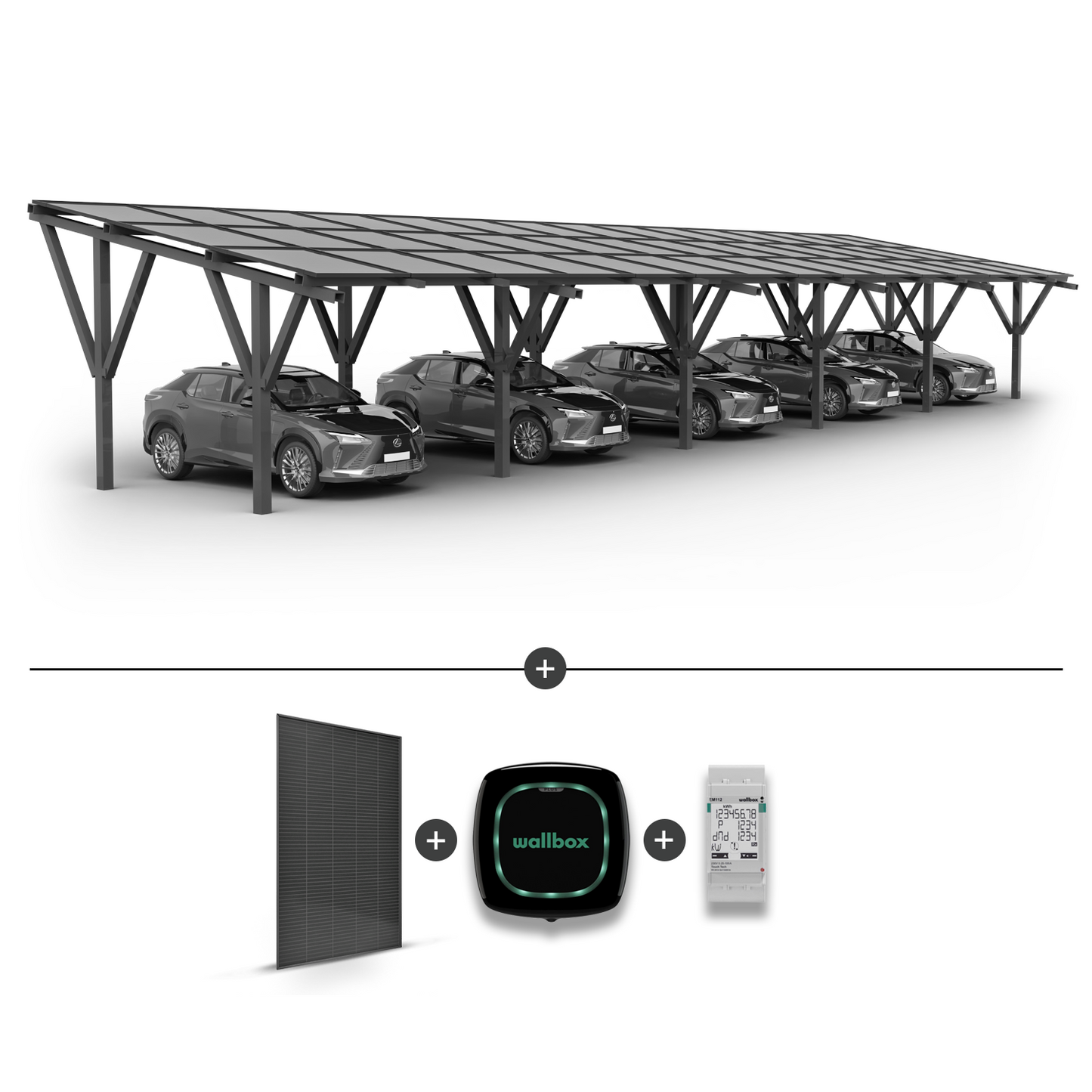 Solar-Carport für 5 Autos + Solarmodule + Wallbox EV-Ladegerät Pulsar Plus 7,4 kW schwarz + EM112-Leistungsmesser