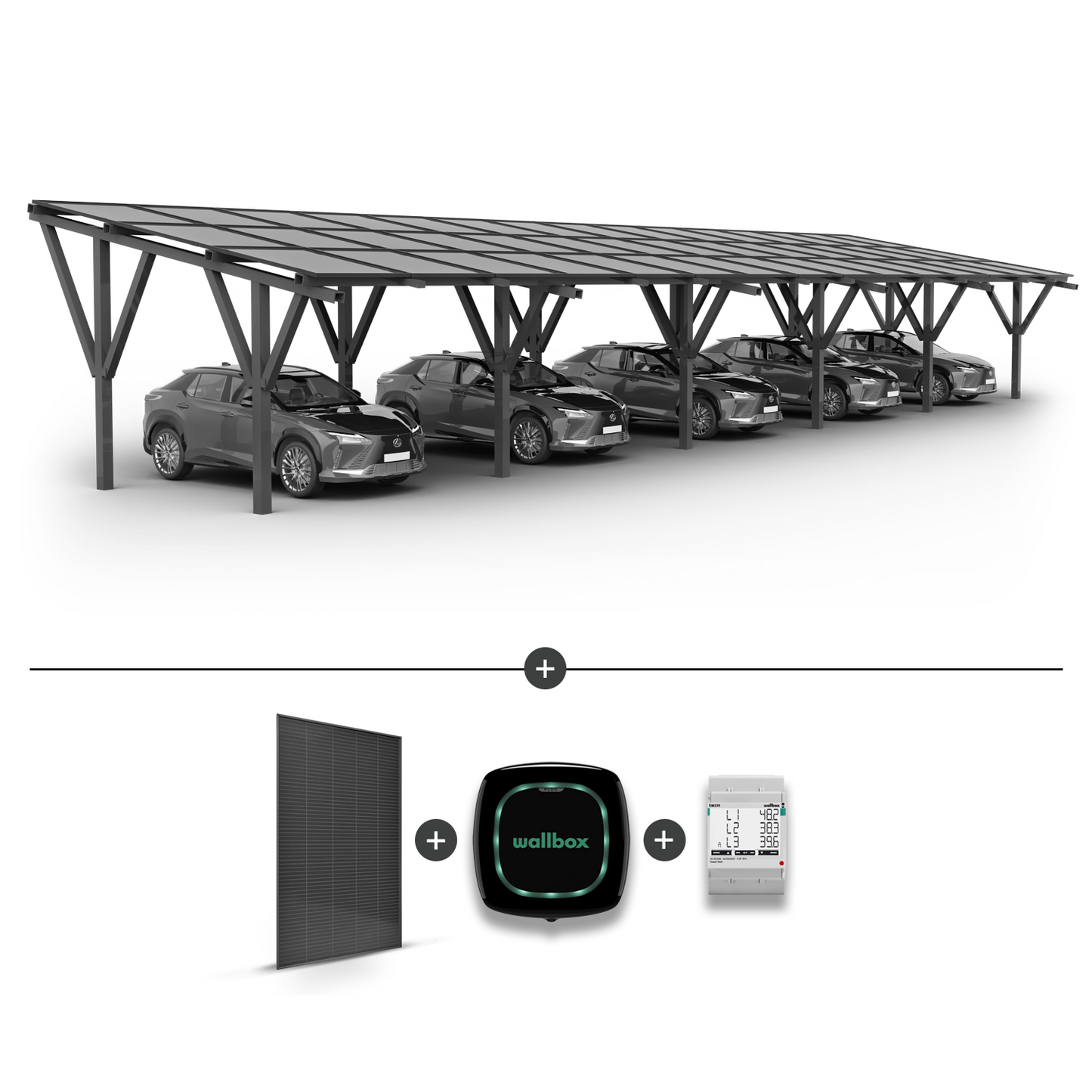 Solární přístřešek pro 5 aut + Solární panely + Wallbox EV nabíječka Pulsar Plus 22kW černá + EM340 měřič výkonu