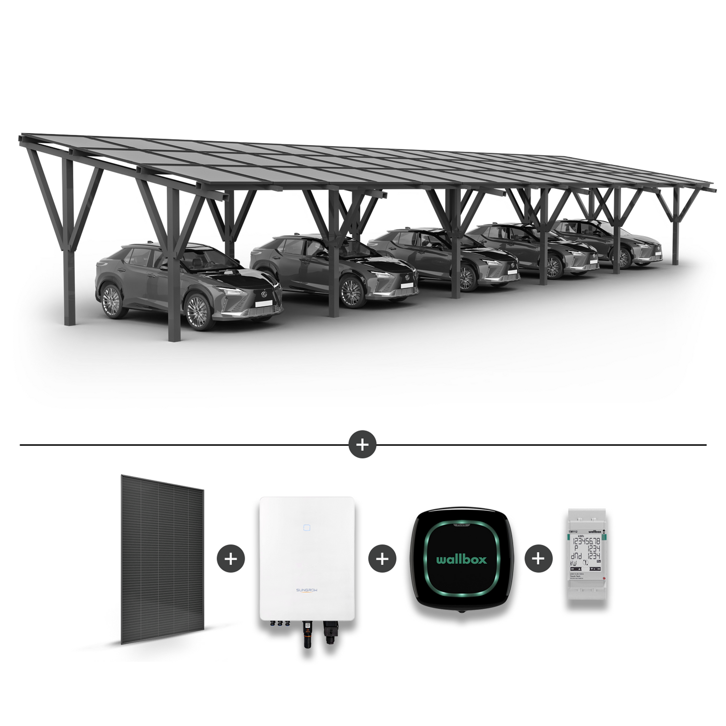 Solární přístřešek pro 5 aut + Solární panely + Síťový invertor SG15.0RT + Wallbox Pulsar Plus 7,4kW černý + EM112 měřič výkonu