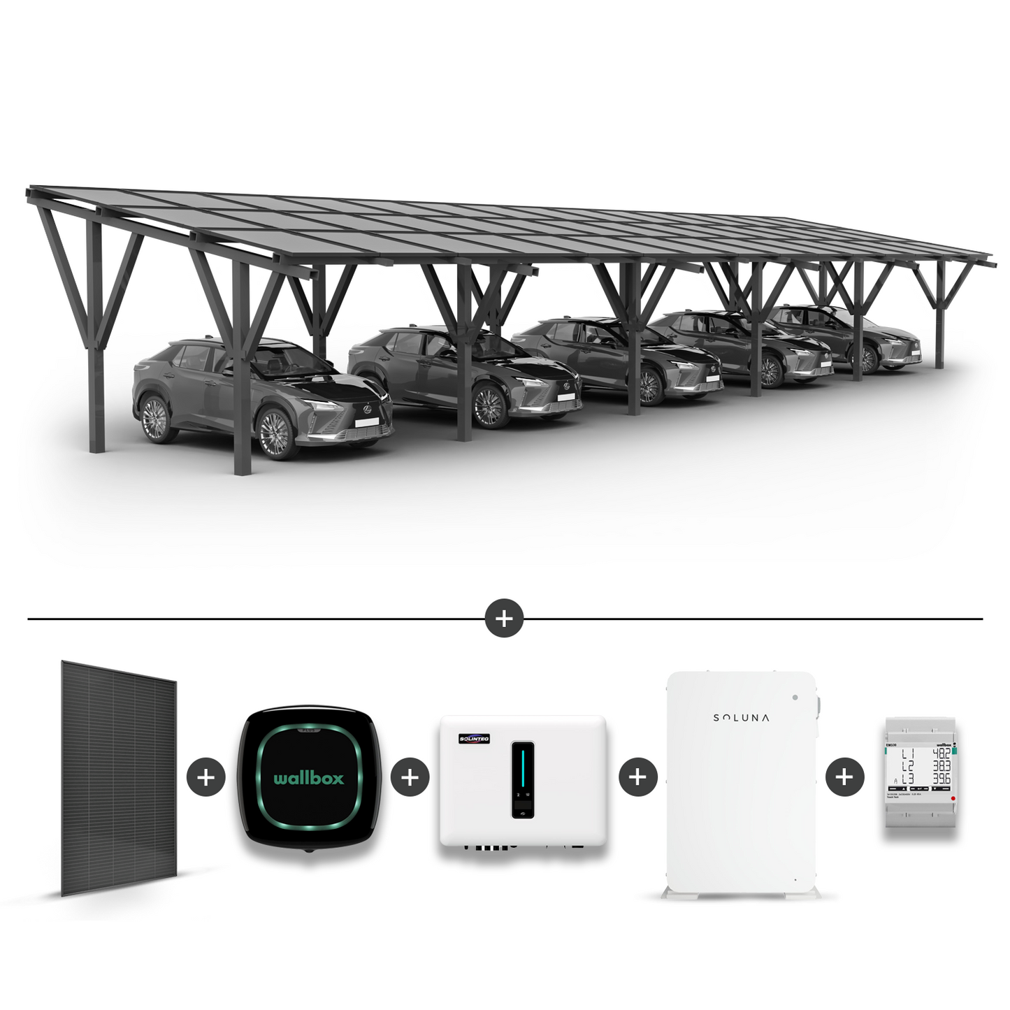 Stoginė 5 automobiliams + saulės moduliai  + Inverteris (Hybrid) MHT-20K-40 + SOLUNA baterija 10KW + Įkrovimo stotelė WALLBOX Pulsar Plus 22KW + EM340 galios matuoklis