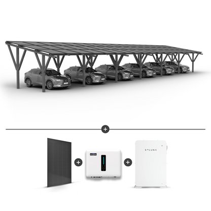 Solární přístřešek pro 6 aut (včetně prodloužení) + Solární panely + Hybridní invertor MHT-20K-40 + Baterie Soluna 10K