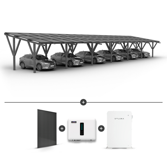 Stoginė 6 automobiliams + saulės moduliai  + Inverteris (Hybrid) MHT-20K-40 + SOLUNA baterija 10KW