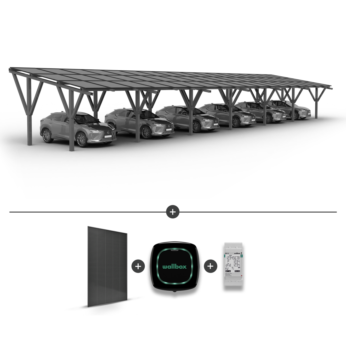 Solar-Carport für 6 Autos (inkl. Erweiterung) + Solarmodule + Wallbox EV-Ladegerät Pulsar Plus 7,4 kW schwarz + EM112-Leistungsmesser