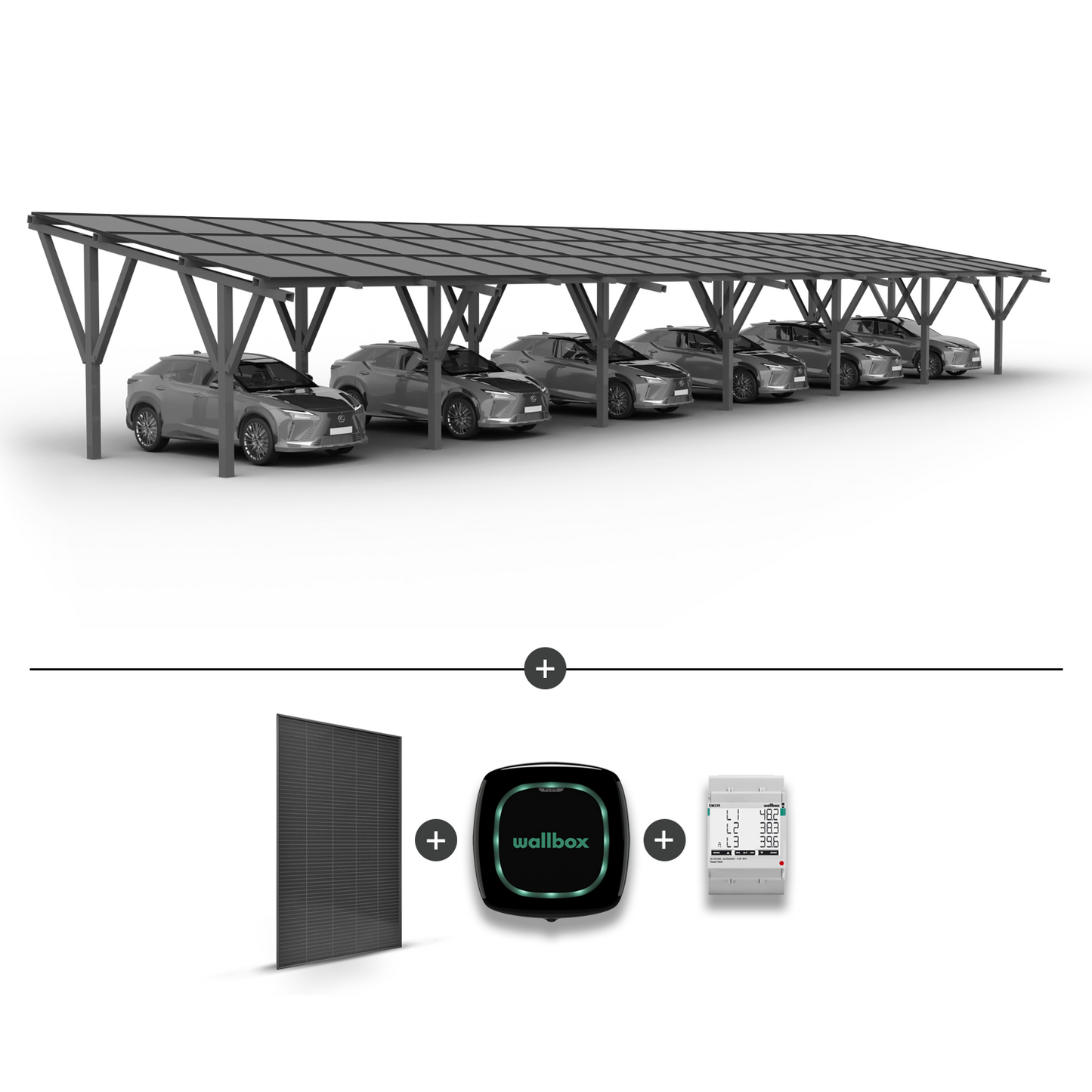 Stoginė 6 automobiliams + saulės moduliai  + Įkrovimo stotelė WALLBOX Pulsar Plus 22KW + EM340 galios matuoklis