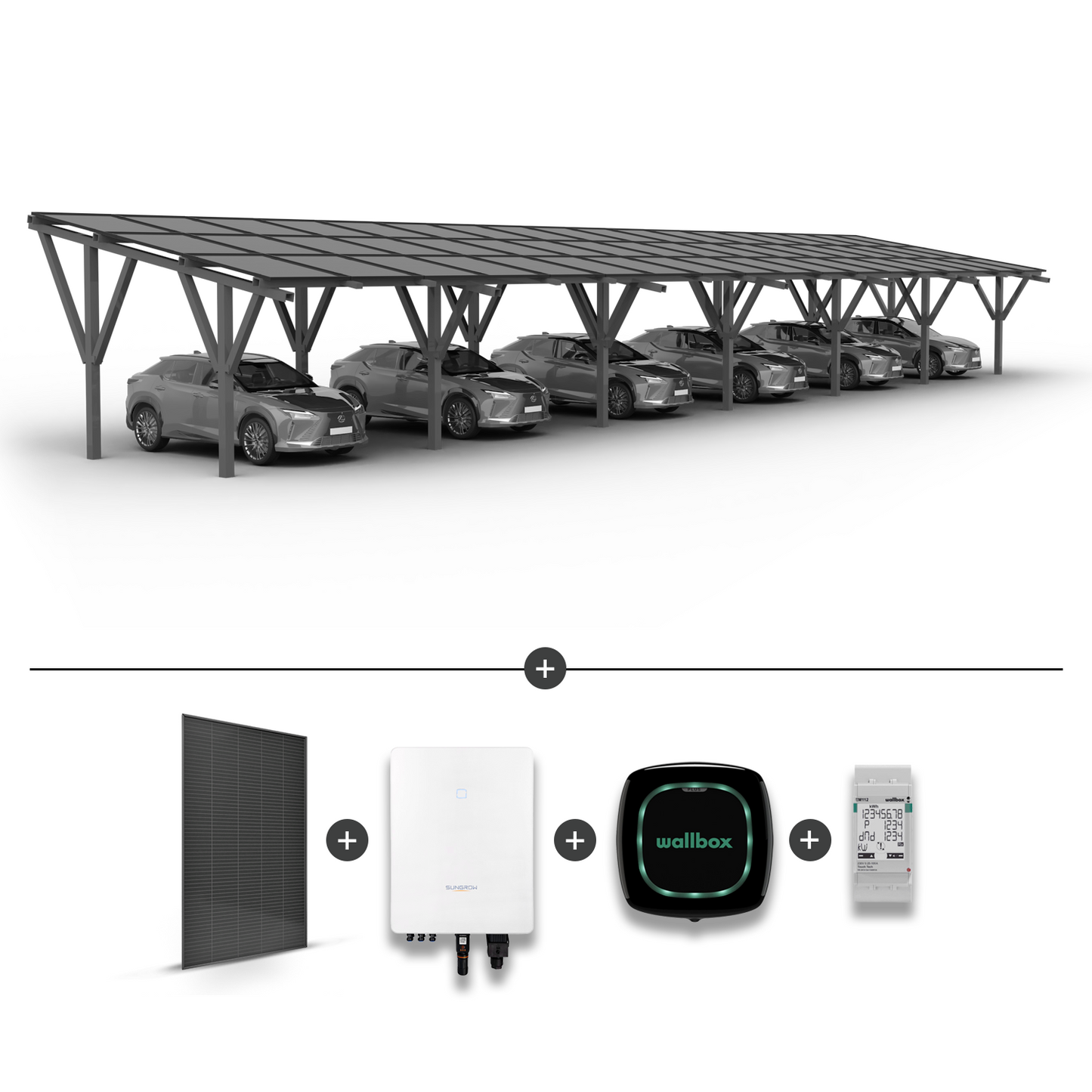 Stoginė 6 automobiliams + saulės moduliai  + Inverteris (Hybrid) SG15.0RT + Įkrovimo stotelė WALLBOX Pulsar Plus 7.4KW Juoda + EM112 galios matuoklis