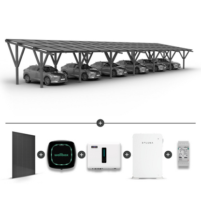 Solární přístřešek pro 6 aut (včetně prodloužení) + Solární panely + Hybridní invertor MHT-20K-40 + Baterie Soluna 10K + Wallbox Pulsar Plus 7,4kW černý + EM112 měřič výkonu