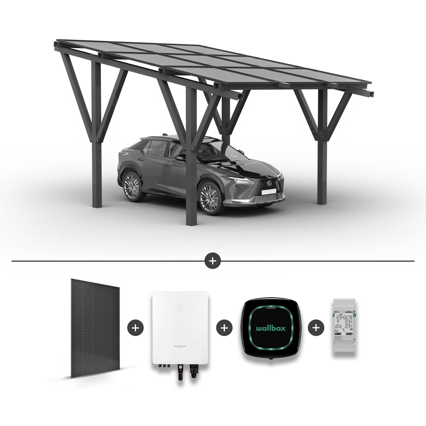 Solarcarport für 1 Auto + Solarmodule + Netzwechselrichter SG5.0RT + Wallbox Pulsar Plus 7,4 kW schwarz + EM112 Stromzähler