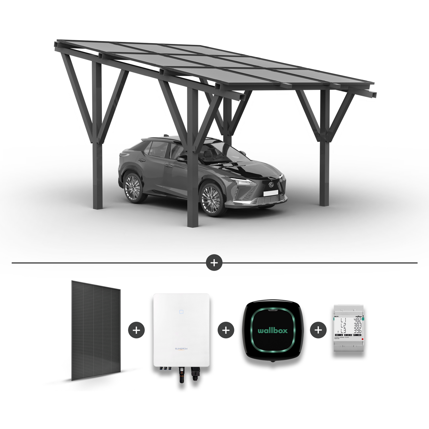 Stoginė 1 automobiliui + saulės moduliai + Inverteris (Hybrid) SG5.0RT + Įkrovimo stotelė WALLBOX Pulsar Plus 22KW + EM340 galios matuoklis