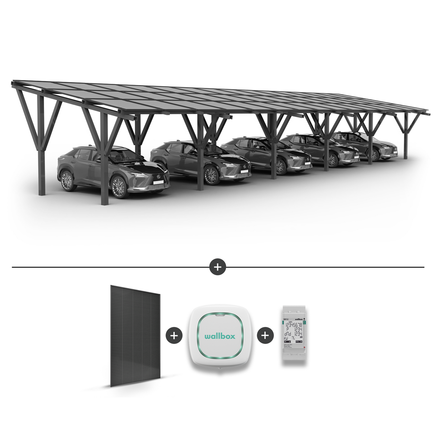 Solar-Carport für 5 Autos + Solarmodule + Wallbox EV-Ladegerät Pulsar Plus 7,4 kW weiß + EM112-Leistungsmesser