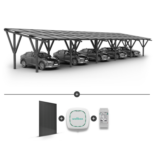 Stoginė 5 automobiliams + saulės moduliai  + Įkrovimo stotelė WALLBOX Pulsar Plus 7.4KW Balta + EM112 galios matuoklis