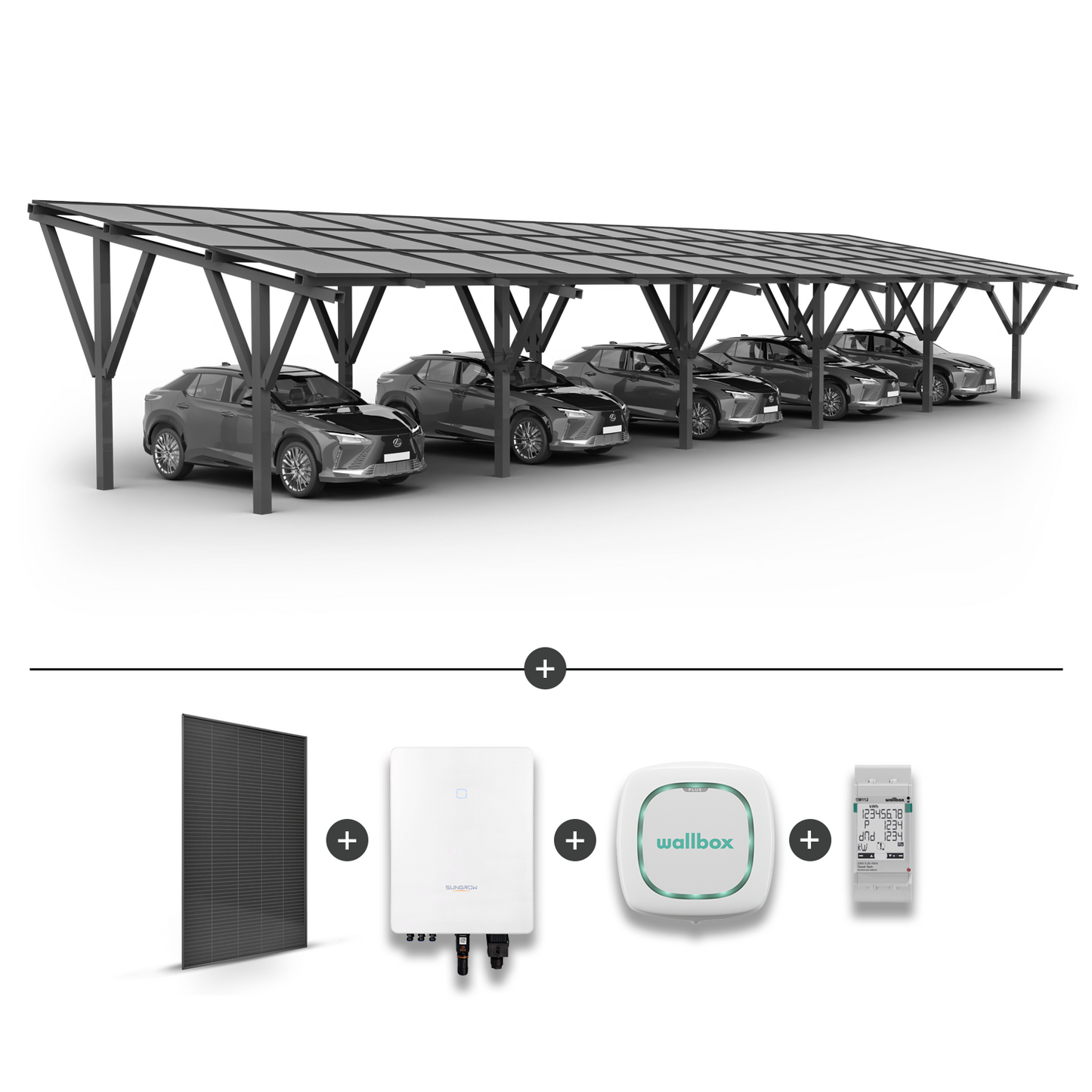 Stoginė 5 automobiliams + saulės moduliai + inverteris (Hybrid) SG15.0RT + Įkrovimo stotelė WALLBOX Pulsar Plus 7.4KW Balta + EM112 galios matuoklis