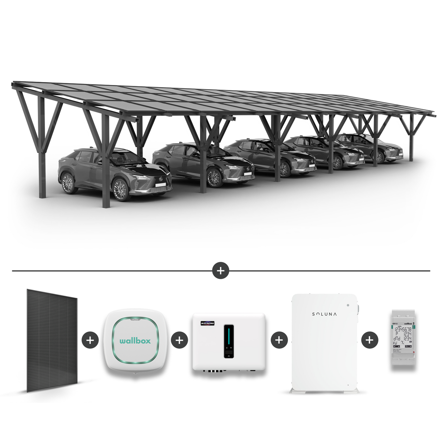 Solar carport for 5 cars + Solar panels + Hybrid inverter MHT-20K-40 + Battery Soluna 10K + Wallbox Pulsar Plus 7.4kW white + EM112 power meter