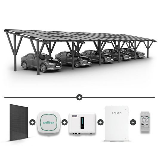 Stoginė 5 automobiliams + saulės moduliai  + Inverteris (Hybrid) MHT-20K-40 + SOLUNA baterija 10KW + Įkrovimo stotelė WALLBOX Pulsar Plus 7.4KW Balta + EM112 galios matuoklis