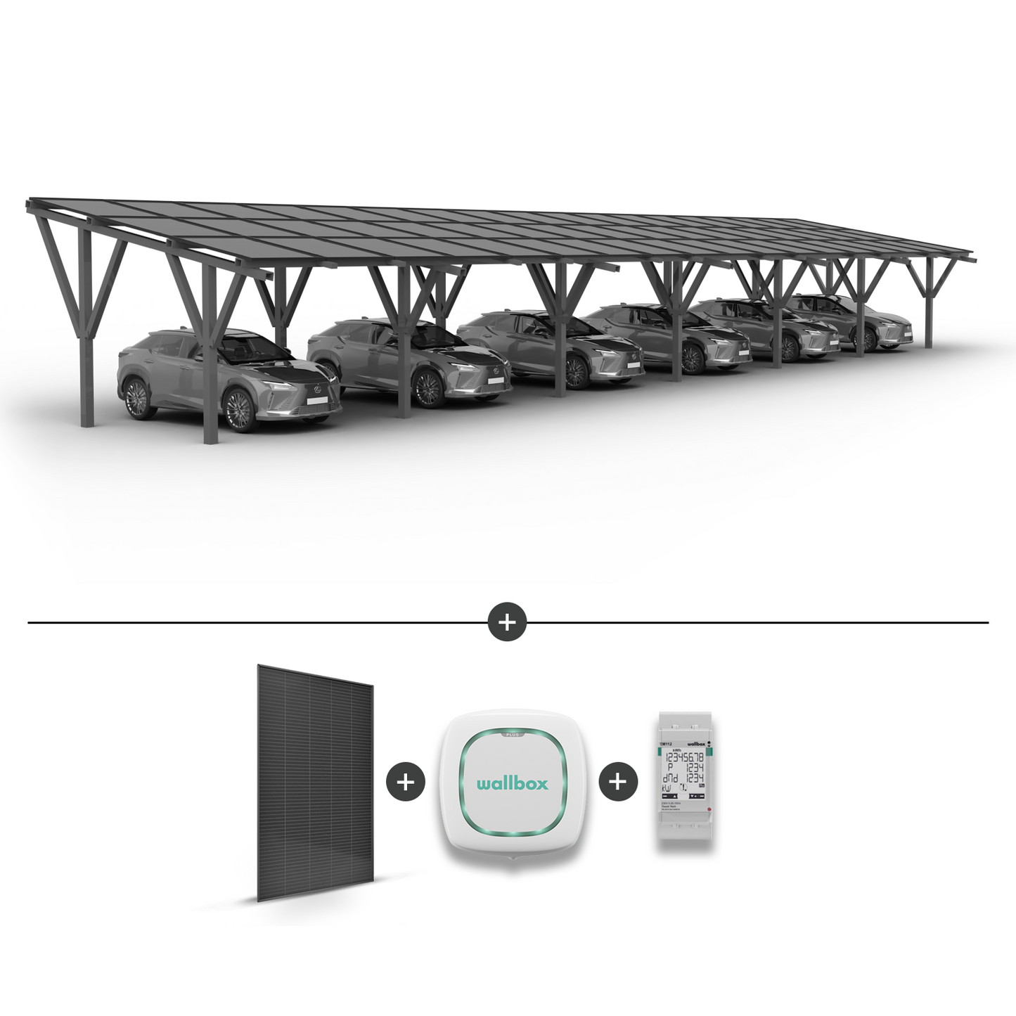 Solar-Carport für 6 Autos (Erweiterung inklusive) + Solarmodule + Wallbox EV-Ladegerät Pulsar Plus 7,4 kW weiß + EM112-Leistungsmesser