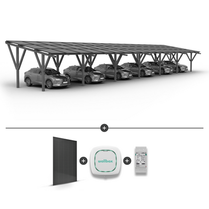 Solární přístřešek pro 6 aut (včetně prodloužení) + Solární panely + Wallbox EV nabíječka Pulsar Plus 7,4kW bílá + EM112 měřič výkonu