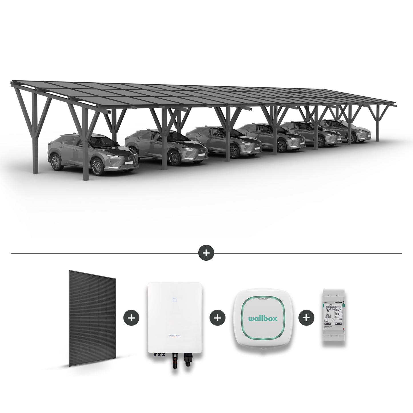 Solar carport for 6 cars (extension included) + Solar panels + Grid inverter SG15.0RT + Wallbox Pulsar Plus 7.4kW white + EM112 power meter