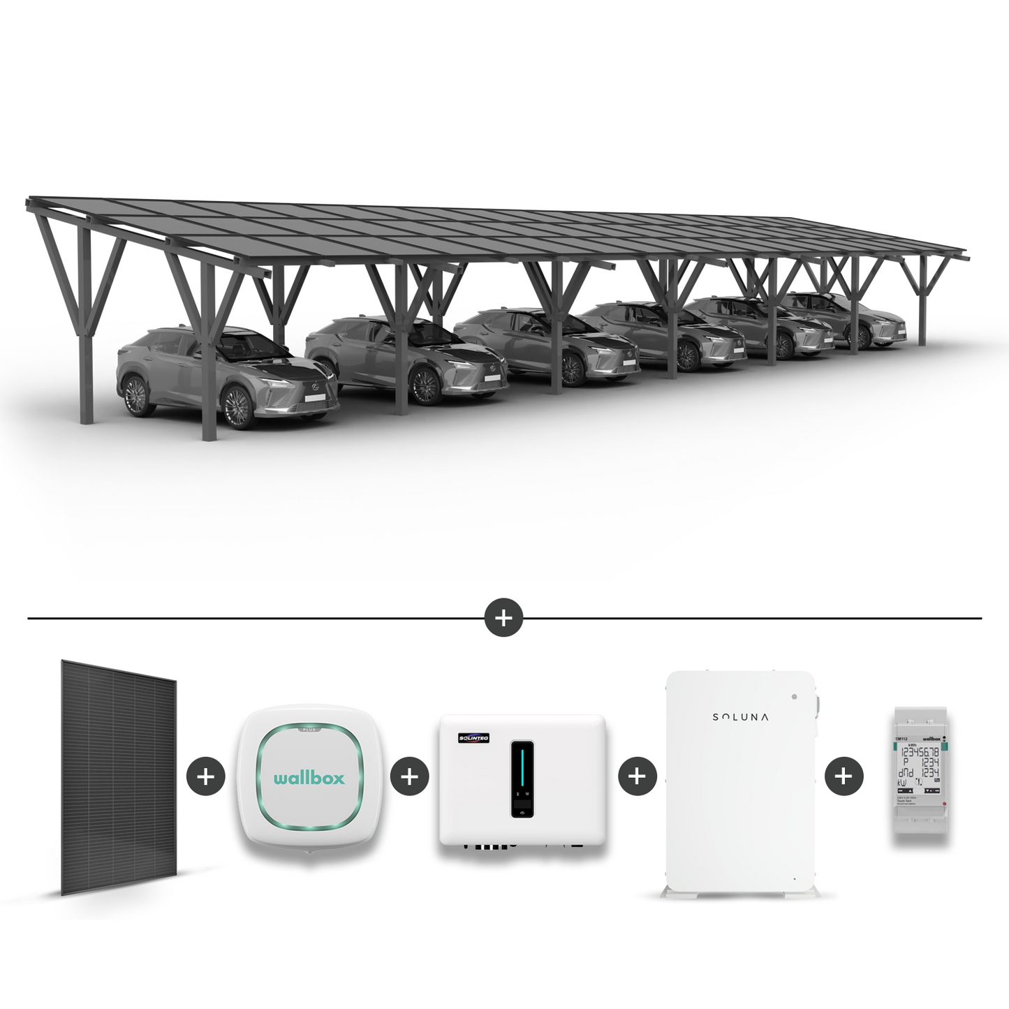 Stoginė 6 automobiliams + saulės moduliai  + Inverteris (Hybrid) MHT-20K-40 + SOLUNA baterija 10KW + Įkrovimo stotelė WALLBOX Pulsar Plus 7.4KW Balta + EM112 galios matuoklis